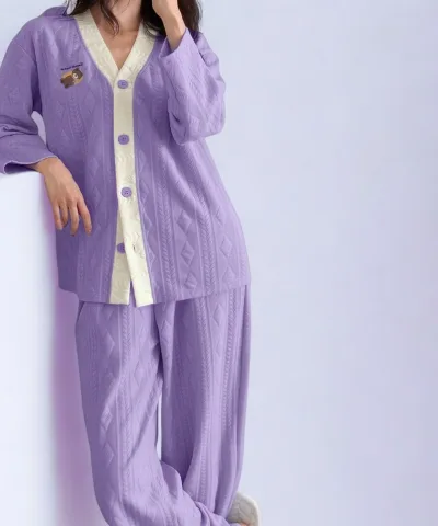 Embroidered Bear Knit Pajama Set