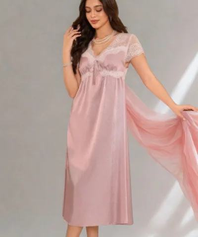 Pink Lace-Trim Satin Midi Nightgown