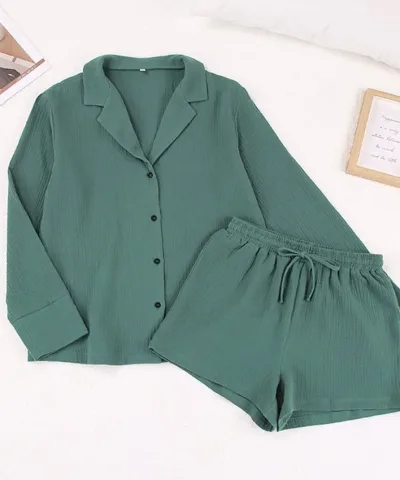 Autumn Button Up Cotton Pajamas - Green, Pink