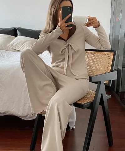 Beige Bow-Tie Wide-Leg Pajama Set