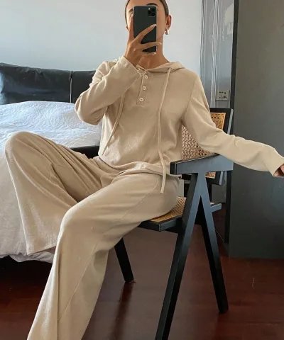 Beige Knit Hoodie Lounge Set