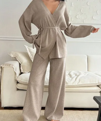 Beige Knit Wrap Lounge Set
