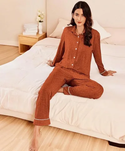Brown Button Ribbed Knit Pajama Set