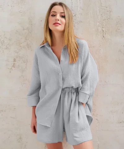 Autumn Button Up Cotton Pajamas - Gray, Dark Green