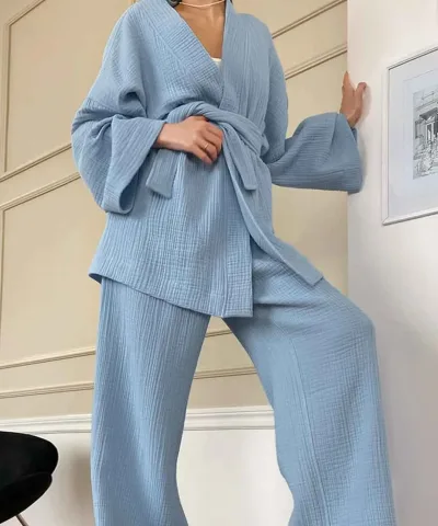 Belted Wrap Long Sleeve Cotton Pajamas - Blue, Dark Blue, Dark Gray