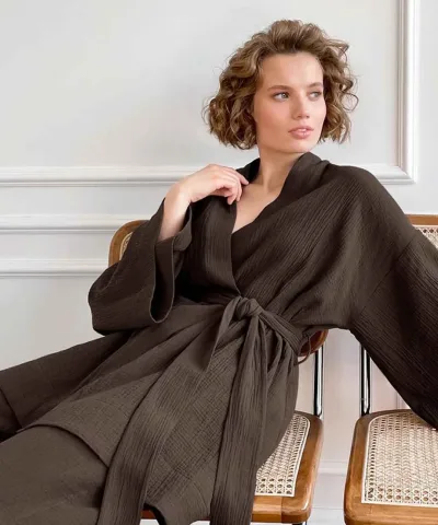 Belted Wrap Long Sleeve Cotton Pajamas - Brown, Gray, Green