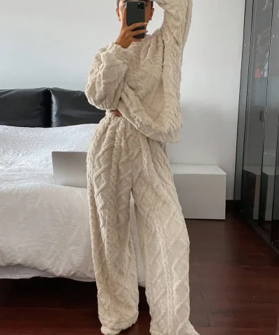 Cream Textured Fleece Lounge Set