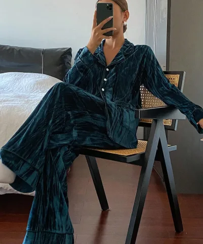 Emerald Velvet Button-Up Pajama Set