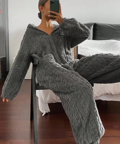 Gray Cable-Knit Plush Hooded Jumpsuit