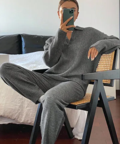 Gray Knit Collared Lounge Set