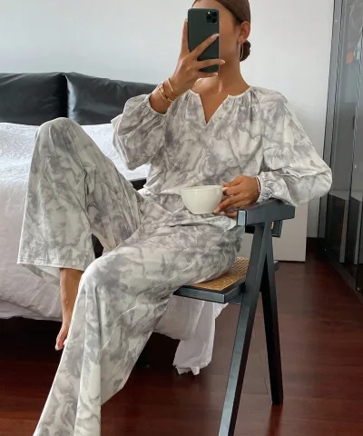 Gray Marble Print Relaxed Pajama Set