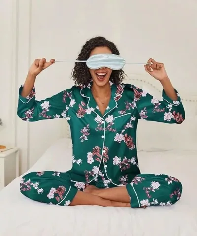 Green Floral Button Satin Pajama Set