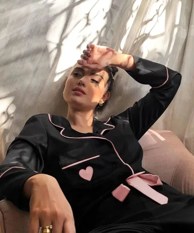 Belted Button-up Heart Satin Pajamas - Blue, Pink In Black