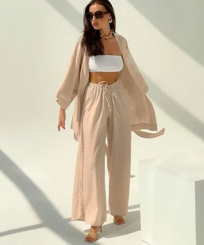 Khaki Belted Wrap Long Sleeve Pajamas