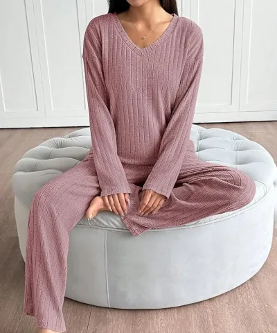 Mauve Pink Ribbed Knit Pajama Set
