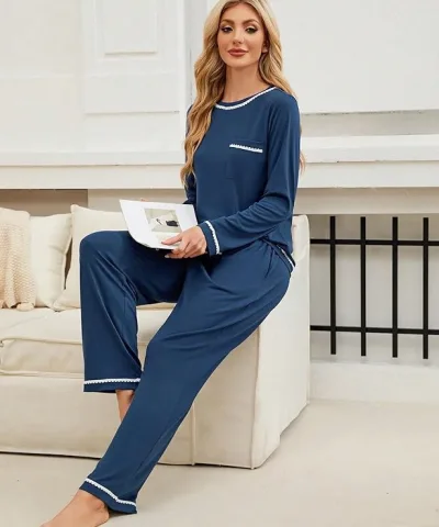 Navy Blue White Trim Pajama Set