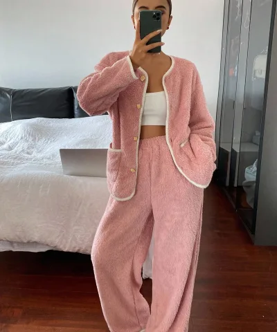 Pink Contrast-Trim Plush Pajama Set