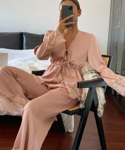 Pink Satin Lace Lounge Set