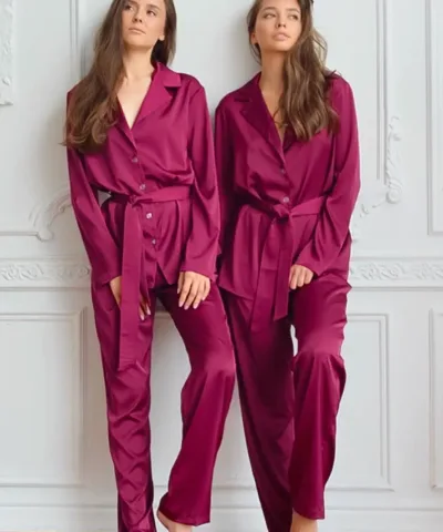 Red Belted Button-up Long Sleeve Satin Pajamas