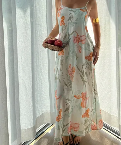 Satin Maxi Slip Dress - Orange and Green Floral