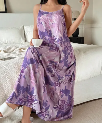 Satin Maxi Slip Dress - Purple Floral