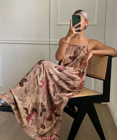 Satin Maxi Slip Dress - Vintage Brown Floral