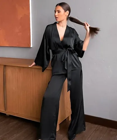 Belted Wrap Long Sleeve Satin Pajamas - Black, Dark Blue, Gray, Rose Red