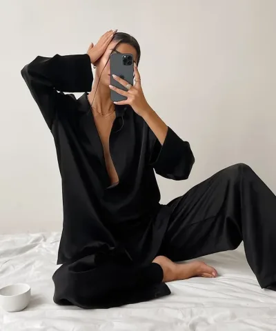 Satin Long Sleeve Button Up Pajamas - Black, Blue, Cyan Blue