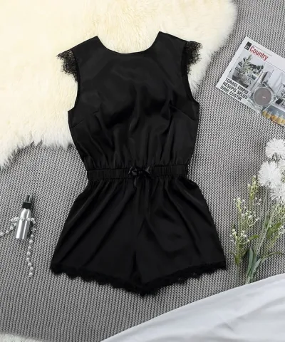 Sleeveless And Short Satin Jumpsuit - Black, Blue, Green, Pink