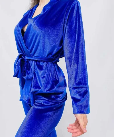 Belted Wrap Long Sleeve Velvet Pajamas - Blue, Black, Green