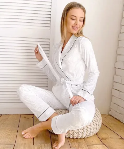 White Tie Waist Velvet Pajamas