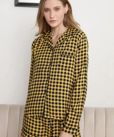 Yellow Plaid Long Sleeve And Short Pajamas